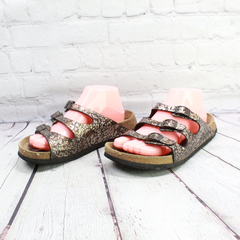 Birkenstock Papillio Brown Floral Print 3 Strap Leather Casual Sandals M 6 L 8 - Picture 3 of 9